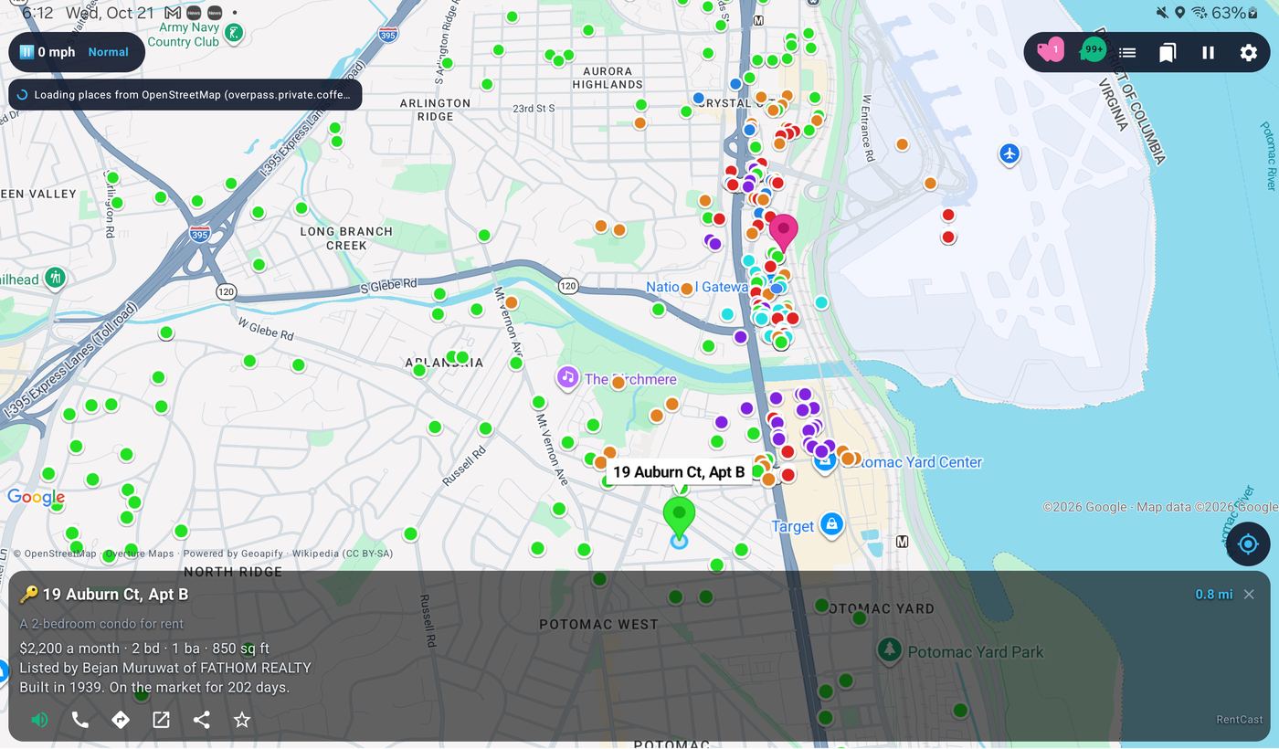 KawasZone on a tablet showing homes for rent around Potomac Yard